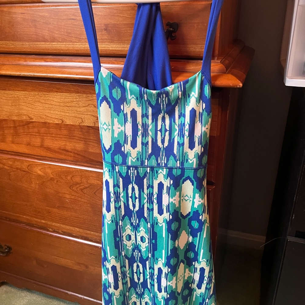 Soybu Blue and Green Patterned Backless, athletic Dress